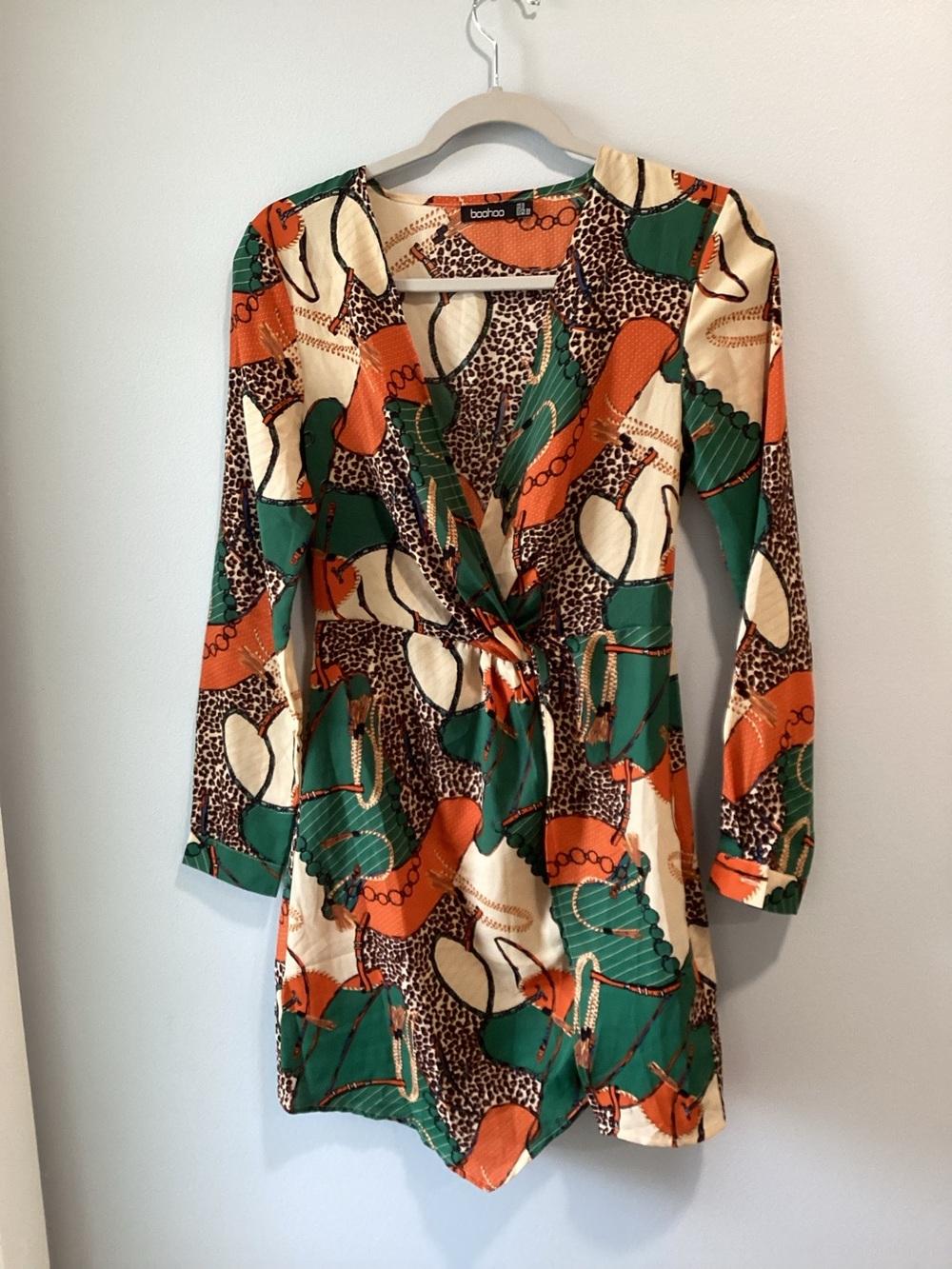 boohoo Green, Orange & Cream Long Sleeve Wrap Dress